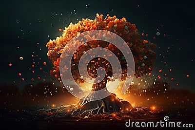 A magical strong tree of life in the forest surrounded by lights. Generative AI illustration. Fantasy. Cartoon Illustration