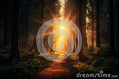 Magical sunset in the forest with the sun's rays penetrating through the trees Stock Photo