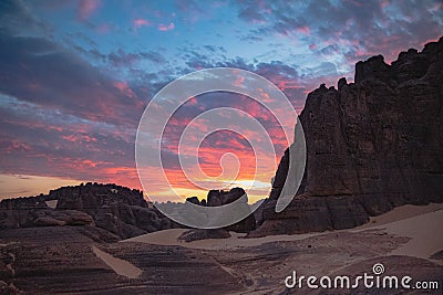 Magical sunset over the cliffs in the deserted area Stock Photo