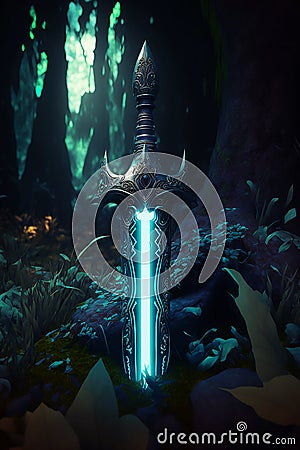 A magical sword in mythical forest digital art Cartoon Illustration