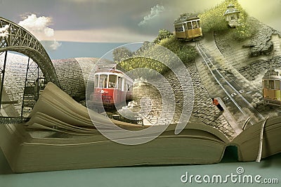 Magical travel book, trams and towns. Dimensional page open Stock Photo