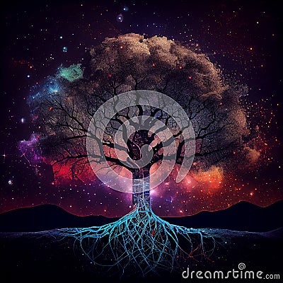 Magical tree with aura lights, strong roots connected to the earth, spirituality and belief concept, astral energy, generative AI Stock Photo