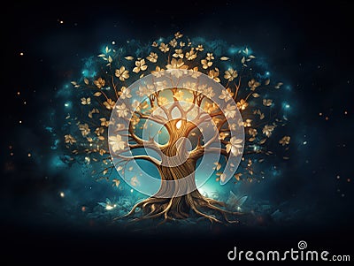 Magical tree with glowing golden flowers. Spirit tree on black background with golden light and sparkles. Generative AI Stock Photo