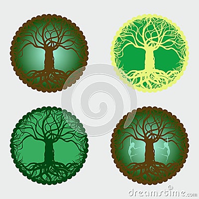 4 Magical Tree of Life Medallions Vector Illustration