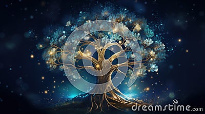 Magical tree with strong roots. Blue spirit tree on dark background with golden light and sparkles. Generative AI Stock Photo