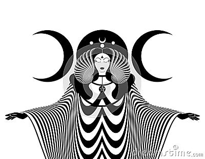 Magical triple goddess, priestess. Beautiful fairy woman with horns and long dress. Gothic Witch wiccan female sacred design Vector Illustration