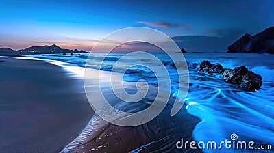 Magical twilight captures the serene beauty of a bioluminescent shore Stock Photo