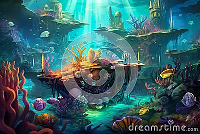 Magical underwater seascape with sea animals. Stock Photo