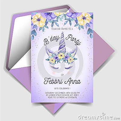 Magical Unicorn Birthday Invitations with watercolor flower purple Vector Illustration