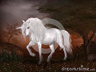 Magical Unicorn in a Fairytale Landscape Stock Photo