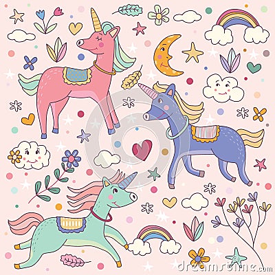 Magical Unicorn and Rainbow Set Illustration Doodle Vector Illustration