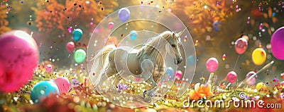A magical unicorn surrounded by an array of color balloons in a field, creating a dreamy and Stock Photo