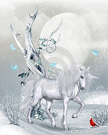 Magical Unicorn in Winter Landscape Stock Photo