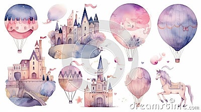 Magical Watercolor Set with Unicorn, Castle, and Balloon for Invitations and Scrapbooking. Stock Photo
