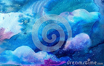 Magical watercolor space texture with stars and fantasy clouds. Mix of deep blue, teal and purple colors. Cosmic Stock Photo