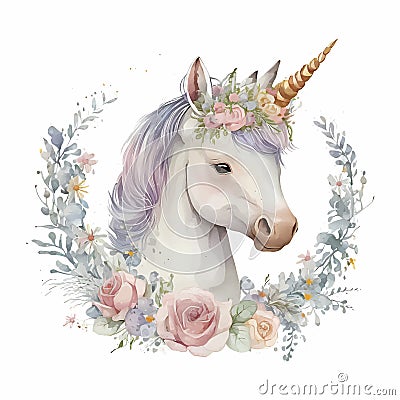 Magical Watercolor Unicorn With Floral Crown Vector Illustration