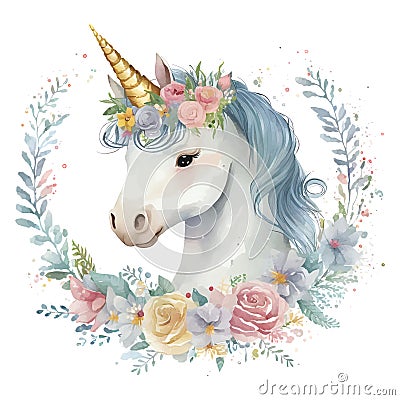 magical Watercolor Unicorn With Floral wreath Stock Photo