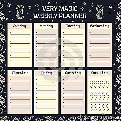 Magical Weekly Task Planner. School Schedule on Week for Class, Lesson, Plan and Section. Ready to print File with Copy Stock Photo