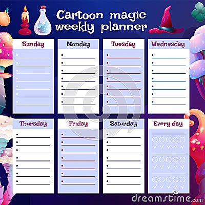 Magical Weekly Task Planner. School Schedule on Week for Class, Lesson. Ready to print with CopySpace. Glow Colorful Vector Illustration
