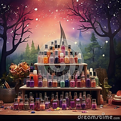 Magical Whimsical Scene with Eclectic Mix of Nail Polish Bottles Stock Photo