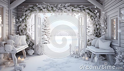 Magical winter wonderland cottage adorned with charming christmas decorations and a delicate wreath Stock Photo