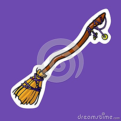Magical witch broomstick sticker. Halloween broom, witchcraft tool, decor for magic party, wizarded besom, mystical Vector Illustration