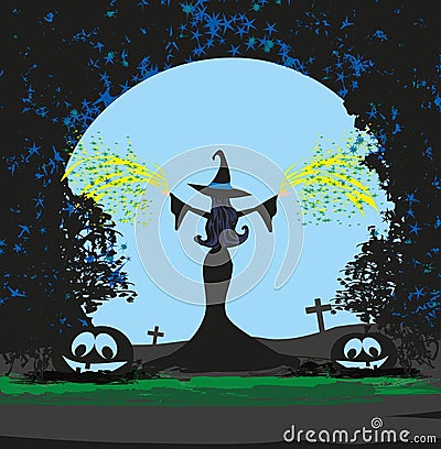 Magical witch casting a magic spell Vector Illustration
