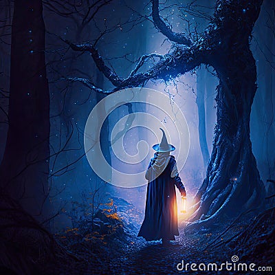 A magical wizard in a dark misty forest with dramatic phantasmal iridescent lighting, ai generated Stock Photo