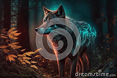 A magical wolf is in the forest. AI Stock Photo