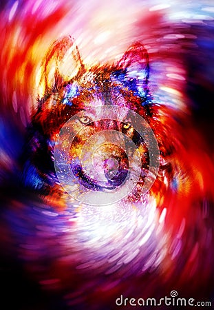 Magical wolf in space light swirl, computer graphic collage. Stock Photo