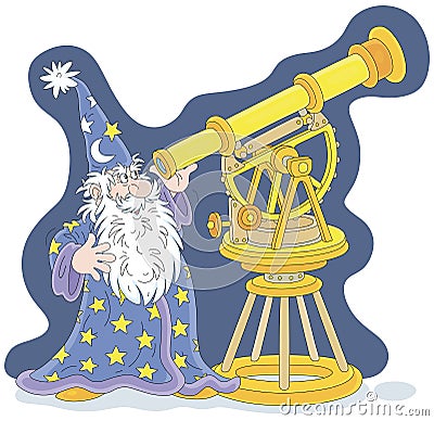 Magician astrologer with an old telescope Vector Illustration