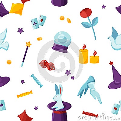 Magician attributes vector seamless pattern. Soothsayer and conjurer items, magic things texture. Theurgical things Vector Illustration