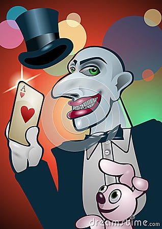 Magician with a rabbit mascot, getting an heart ace. Illustration Stock Photo