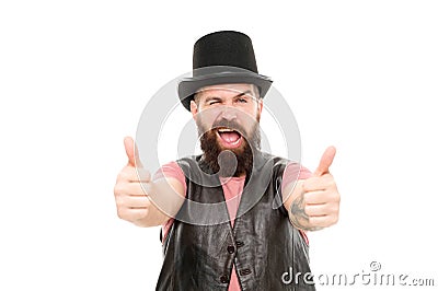 Magician circus worker. Man bearded guy cheerful face solve problem as magician. Magician character. Magician trick Stock Photo