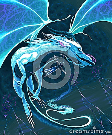 Magician and dragon flying in the storm Vector Illustration