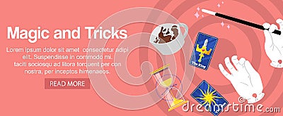 Magician hands holding magic wand, cards, sand clocks vector and tricks cup vector illustration. Magical illusion and Vector Illustration