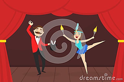 Magician and His Assistant Girl Performing on Stage, Magic show with Girl Doing Acrobatic Exercise Vector Illustration Vector Illustration