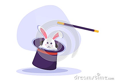 Magician Illusionist Conjuring Tricks and Waving a Magic Wand above his Mysterious Hat on a Stage in Hand Drawn Illustration Vector Illustration