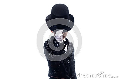 Magician kid illusionist boy in hat. childhood mystery isolated white background Stock Photo