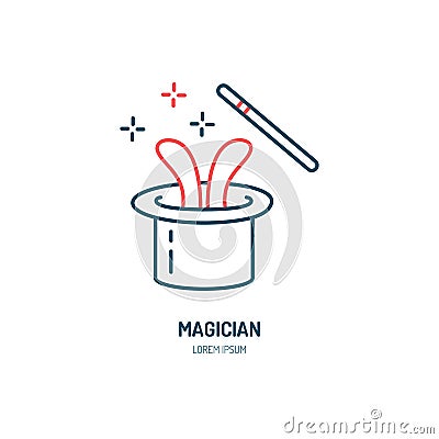 Magician line icon. Vector logo for illusionist, party service or event agency. Linear illustration of magic wand Vector Illustration