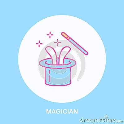 Magician line icon. Vector logo for illusionist, party service or event agency. Linear illustration of magic wand and Vector Illustration