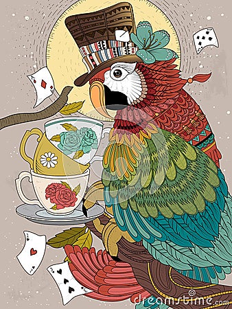 Magician parrot adult coloring page Vector Illustration