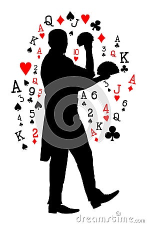 Magician performing trick with cards silhouette illustration isolated on white. Magic performer illusionist. Cartoon Illustration
