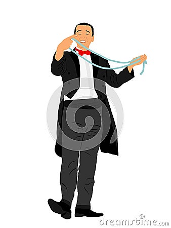 Magician performing trick with rope vector illustration isolated on white. Magic performer illusionist. Vector Illustration