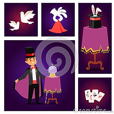 Magician prestidigitator illusionist vector character tricks juggler vector illustration magic conjurer show cartoon man Vector Illustration