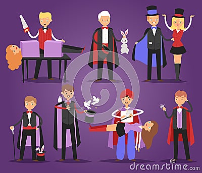 Magician prestidigitator illusionist character tricks juggler vector illustration magic conjurer show cartoon man Vector Illustration