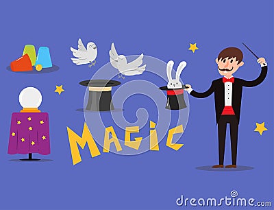 Magician prestidigitator illusionist character tricks juggler vector illustration magic conjurer show cartoon man Vector Illustration