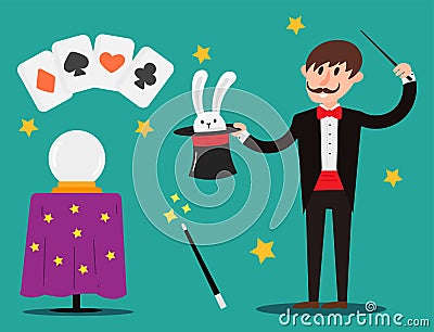 Magician prestidigitator illusionist character tricks juggler vector illustration magic conjurer show cartoon man Vector Illustration