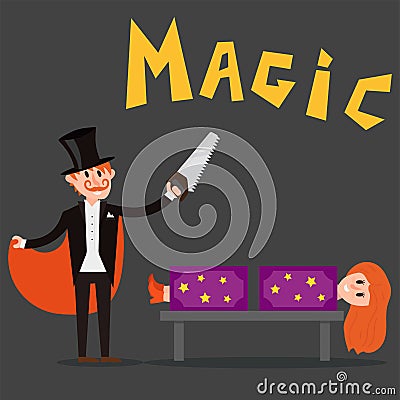 Magician prestidigitator illusionist character tricks juggler vector illustration magic conjurer show cartoon man Vector Illustration