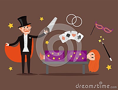 Magician prestidigitator illusionist character tricks juggler vector illustration magic conjurer show cartoon man Vector Illustration